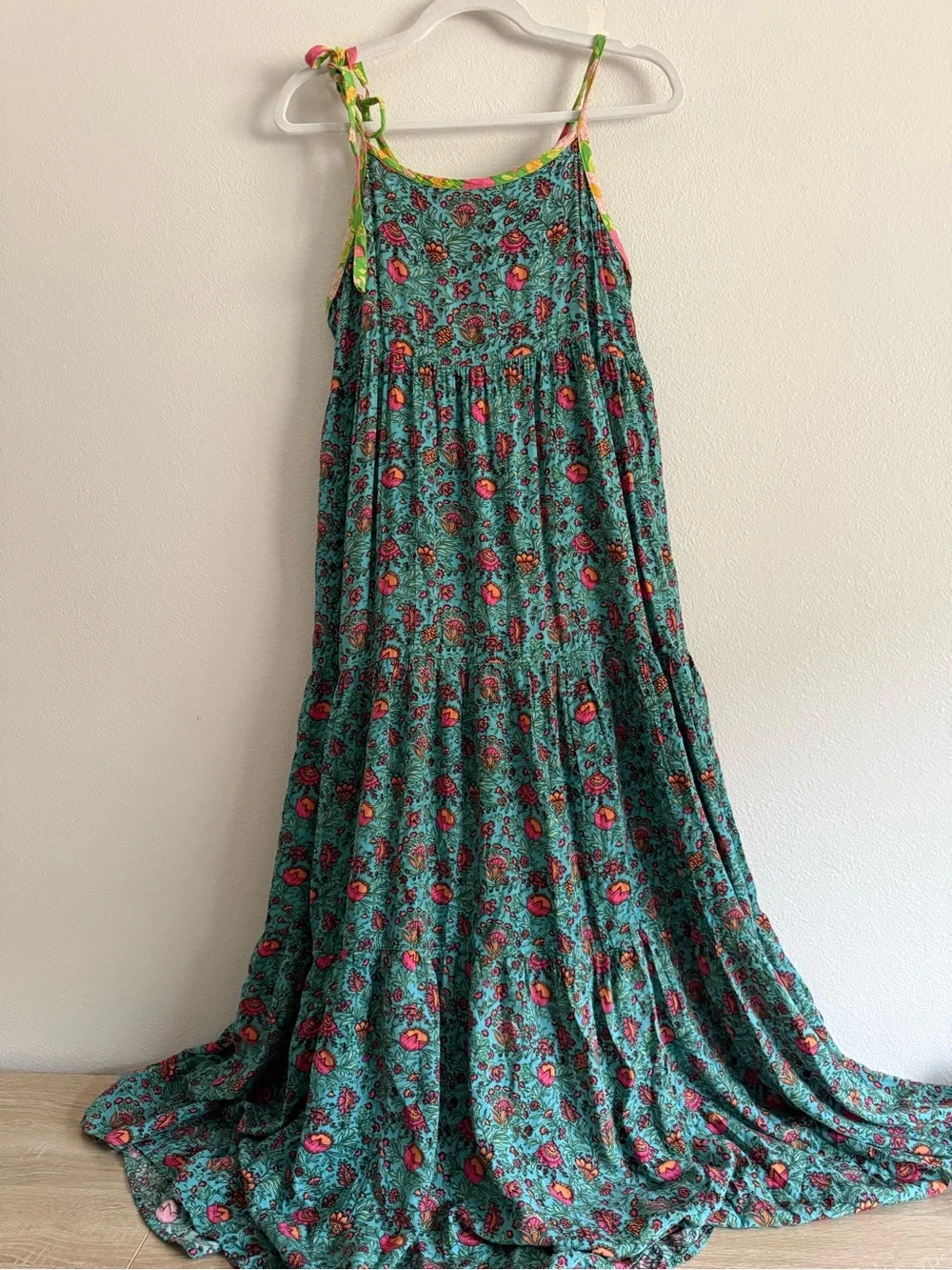 Natural Life Maddie Maxi Dress Turquoise Pink Fan Floral Sz L - Picture 3 of 7